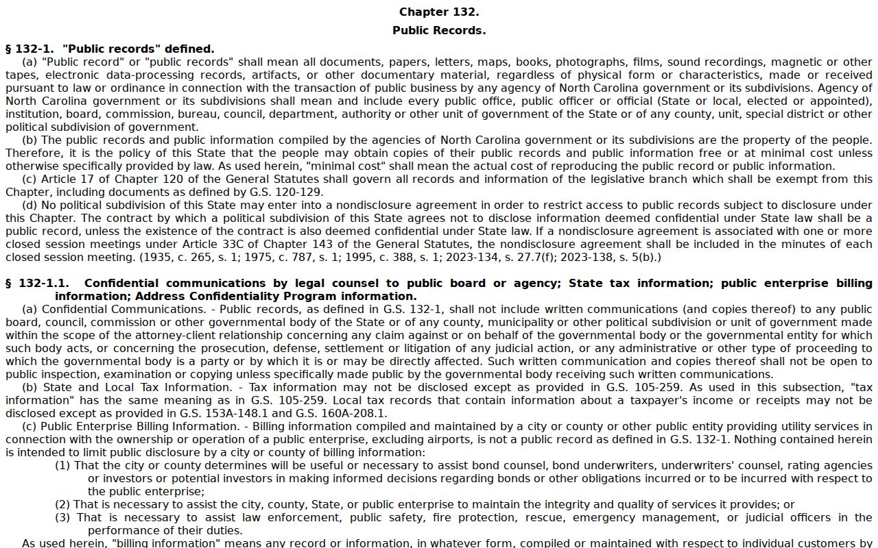 Salisbury public records law in North Carolina Chapter 132